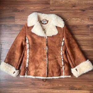 Vintage 70s Faux Suede Shearling Jacket Penny Coat Women L Western Boho Festival